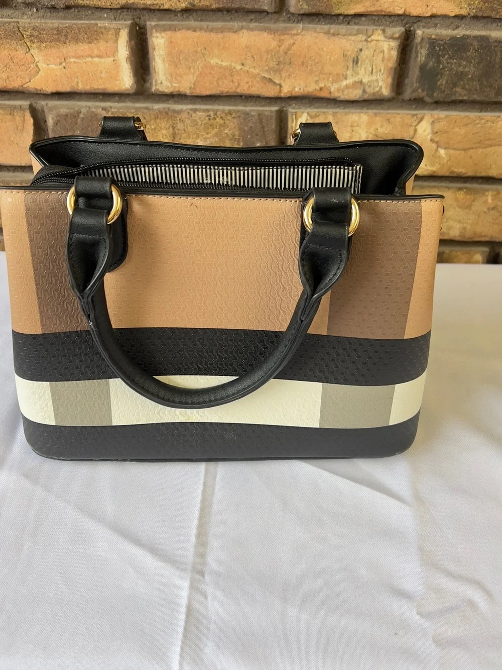 Striped Tan & Black Women's Satchel with Matching Wallet
